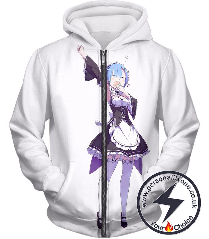 Re:Zero Super Cute Rem the Maid White Zip Up Hoodie